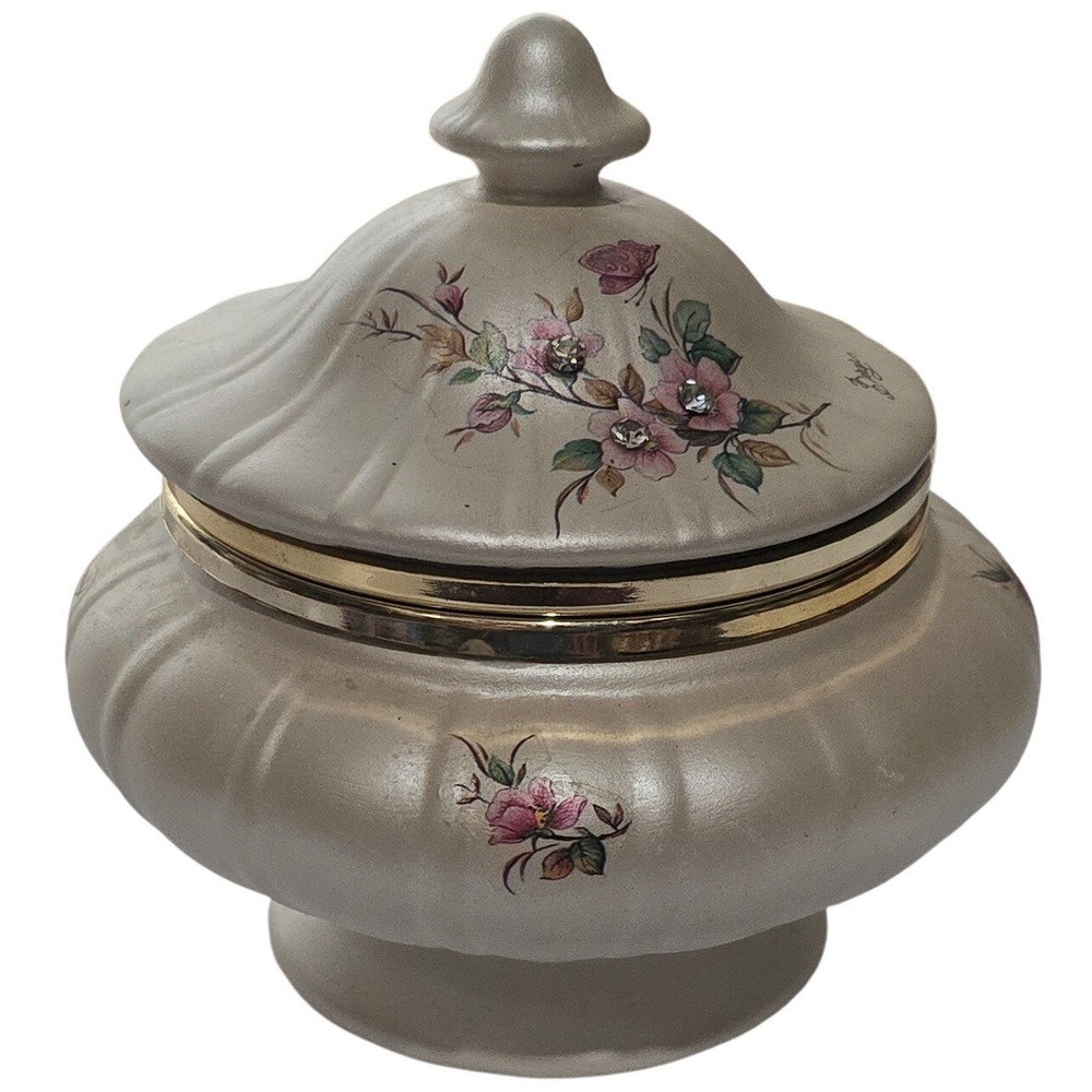 Vintage Cottagecore Berger Italy Ceramic Trinket Box Iridescent Floral Hinged